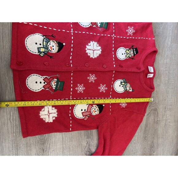 Red Cotton Christmas Snowman Cardigan Cottagecore Grandmacore Embroidered XL - Picture 8 of 9